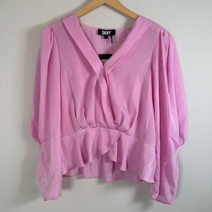 DKNY Surplice Peplum‎ Ruffle Shirt Blouse Bubble Gum Barbie Pink Cloud Large NWT